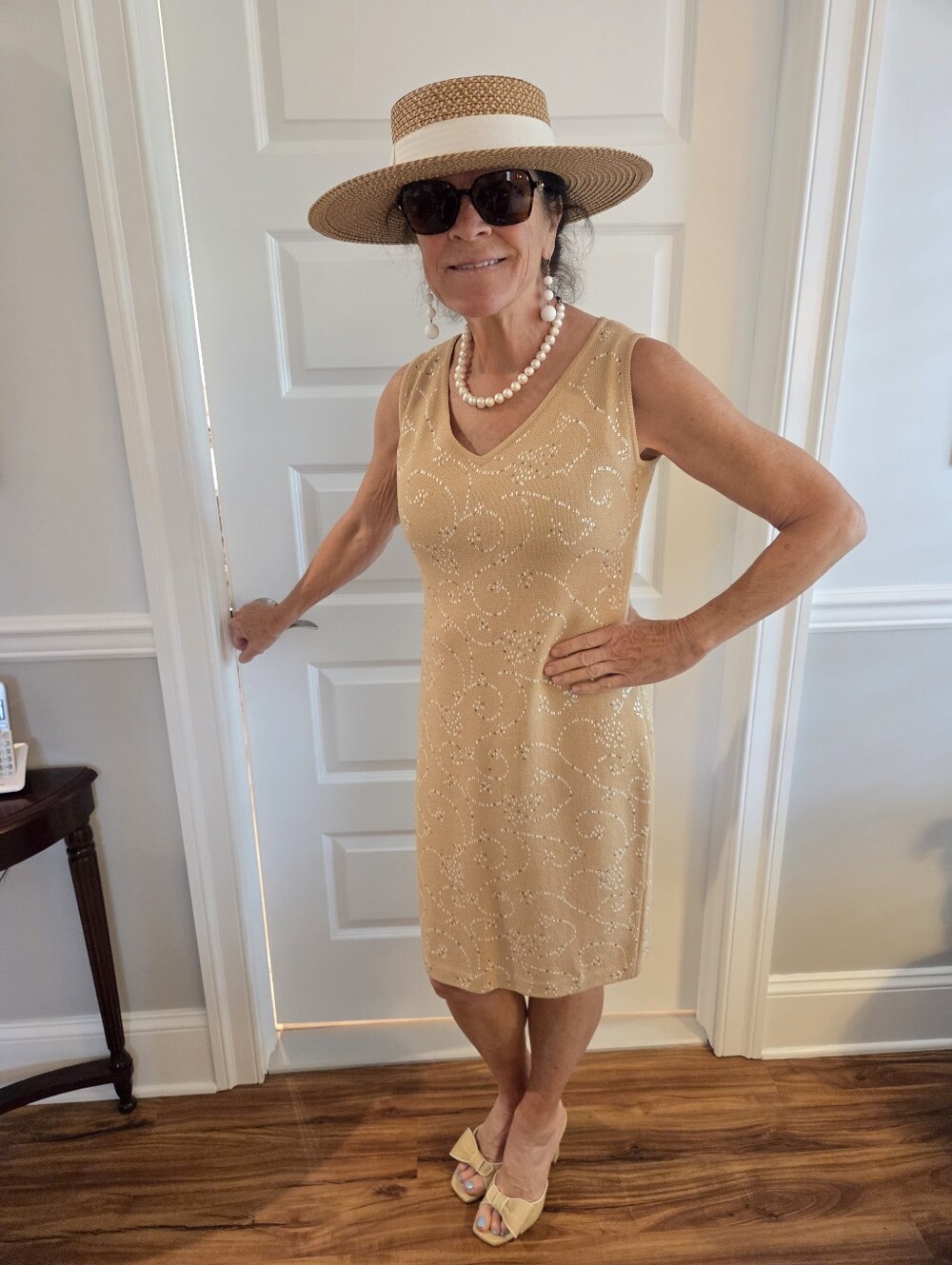 St. John Sleeveless Beaded Cream Shift Dress